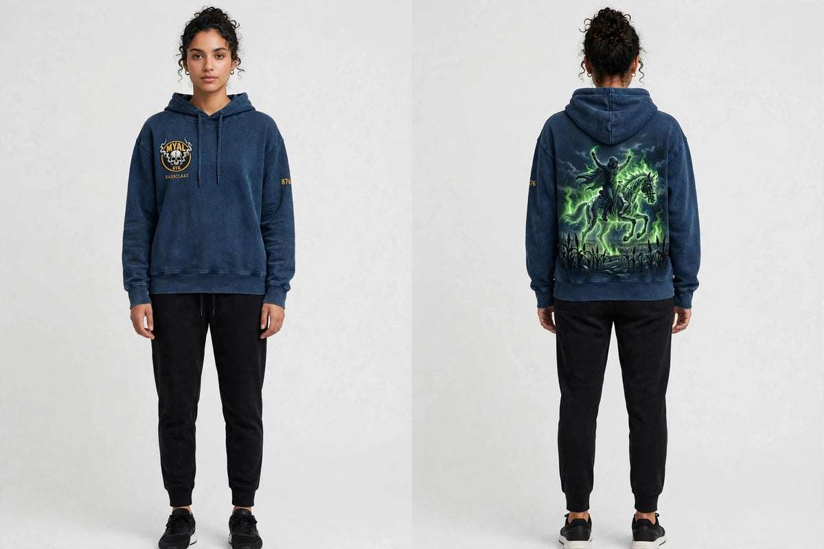 MYAL Duppy Rider Patois Hoodie — Washed Indigo ("RASSCLAAT")